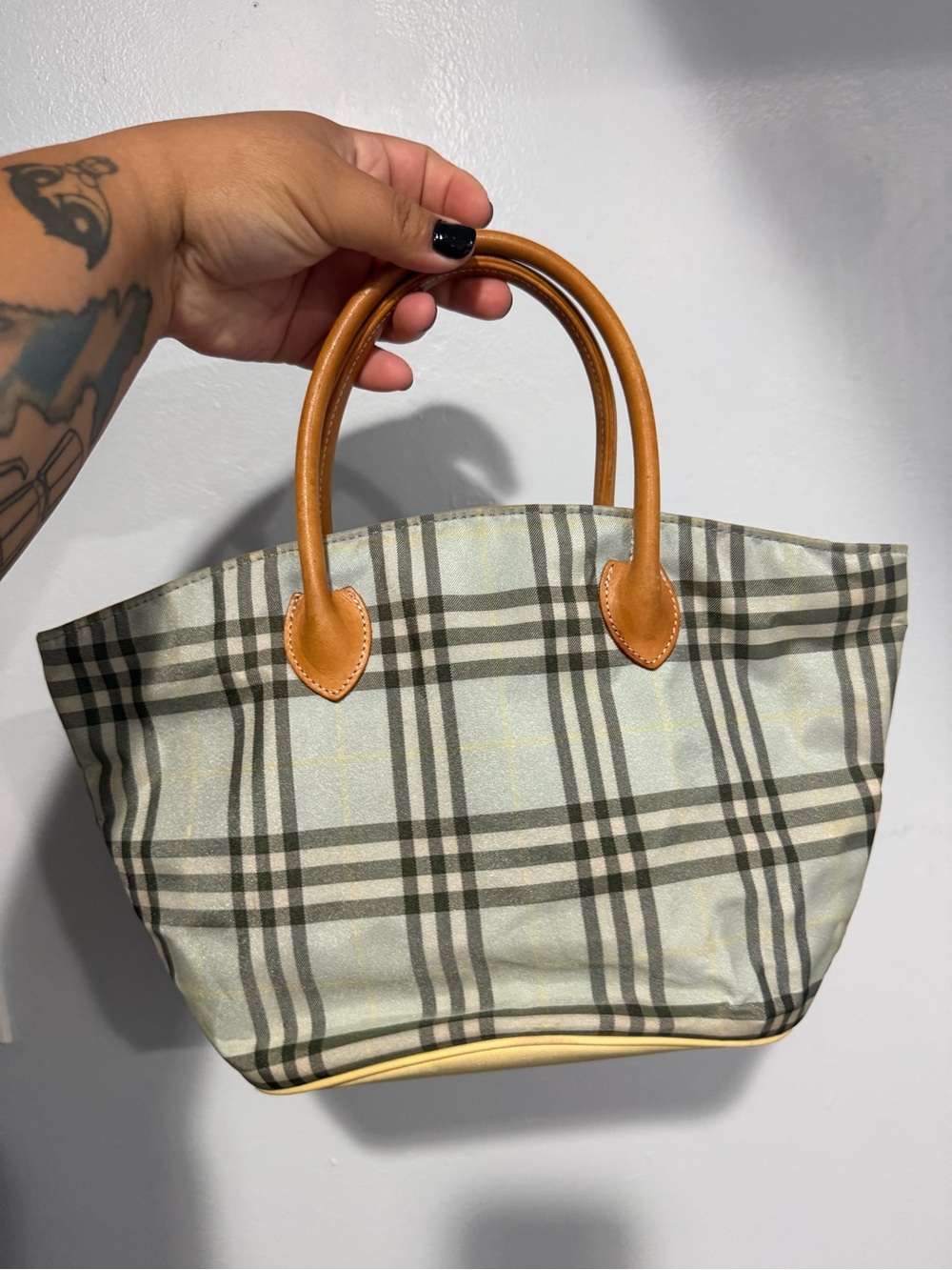 Burberry Classic Plaid Mini Tote Bag with Tan Leather Handles